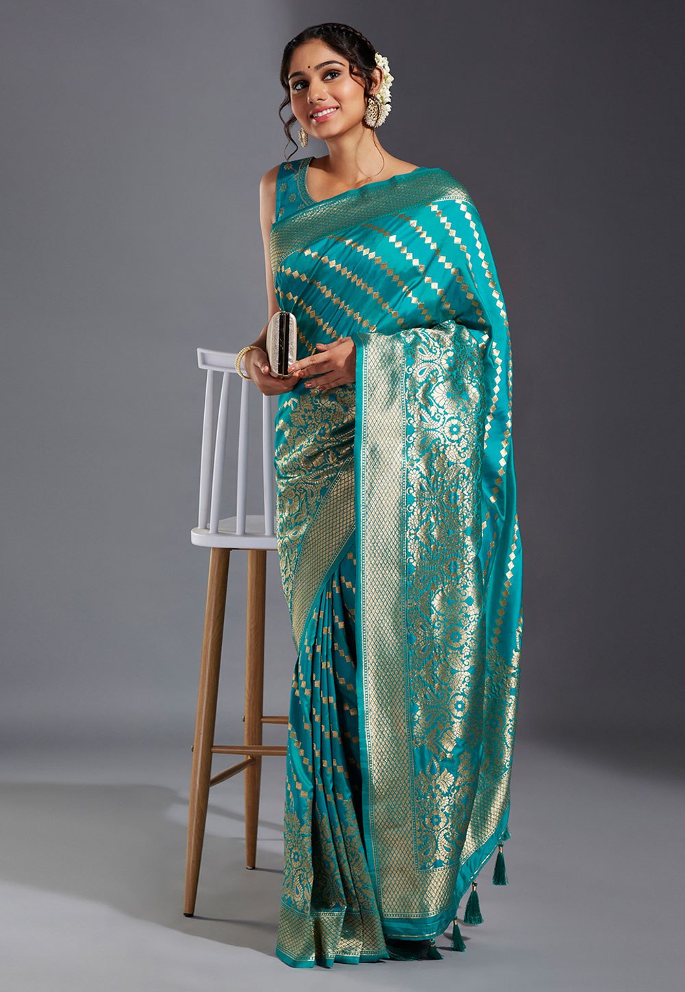 Turquoise Satin Silk Saree With Blouse 264844