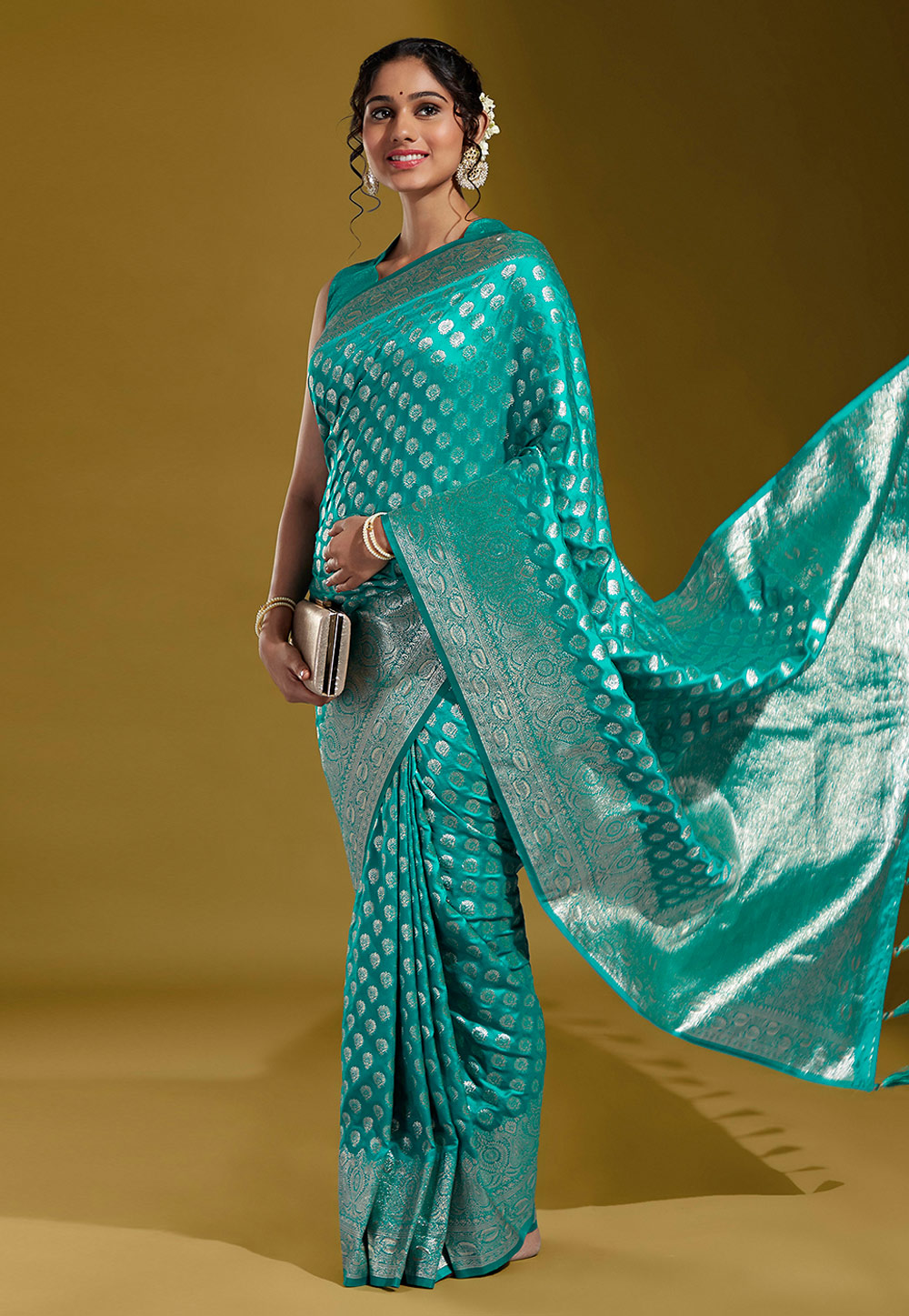 Turquoise Satin Silk Saree With Blouse 265320