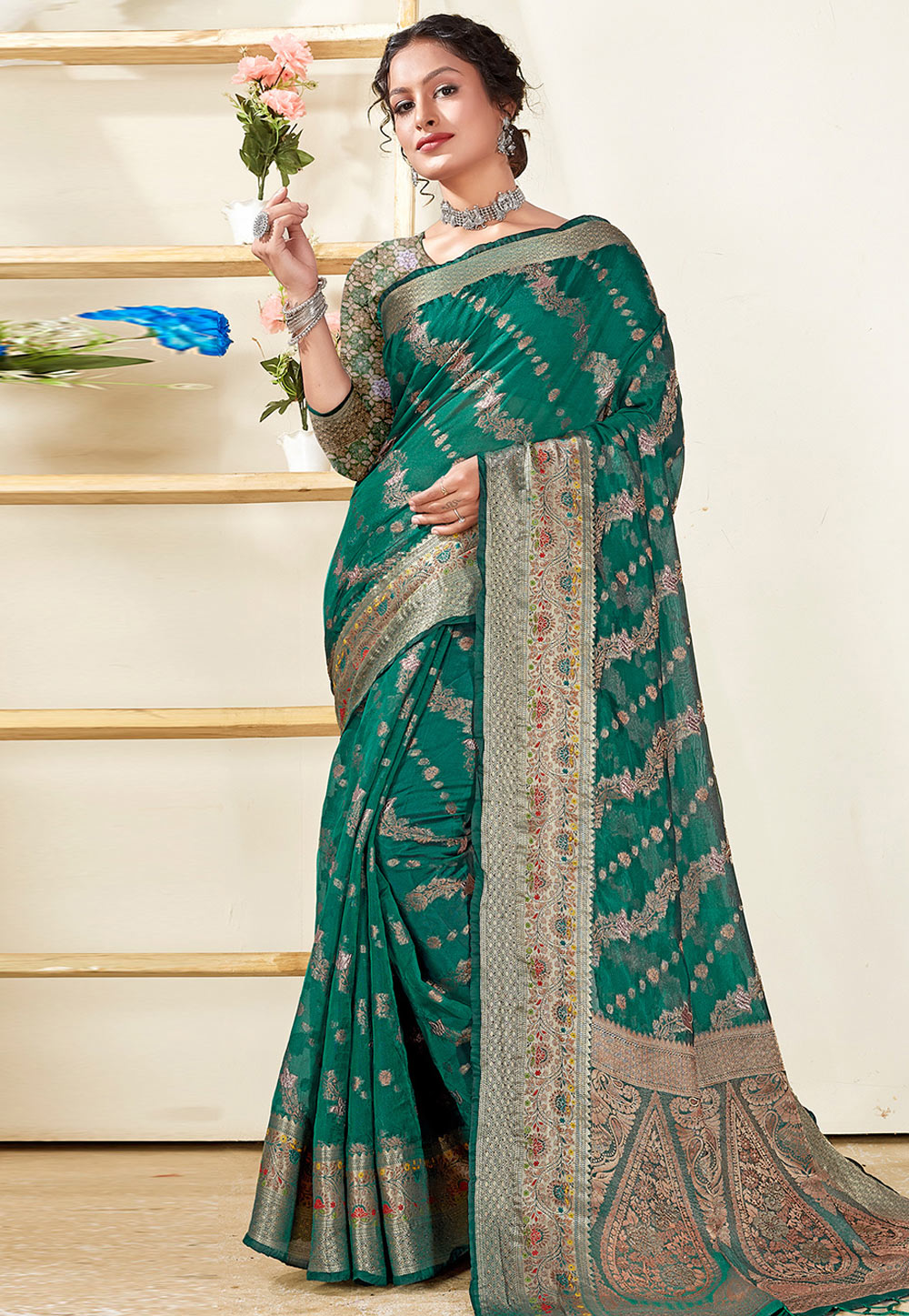 Green Organza Saree With Blouse 265338
