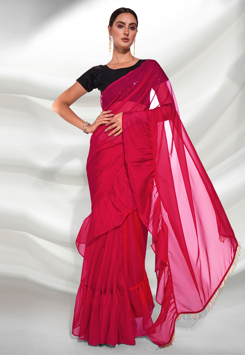 Magenta Organza Ruffle Border Saree With Blouse 265162