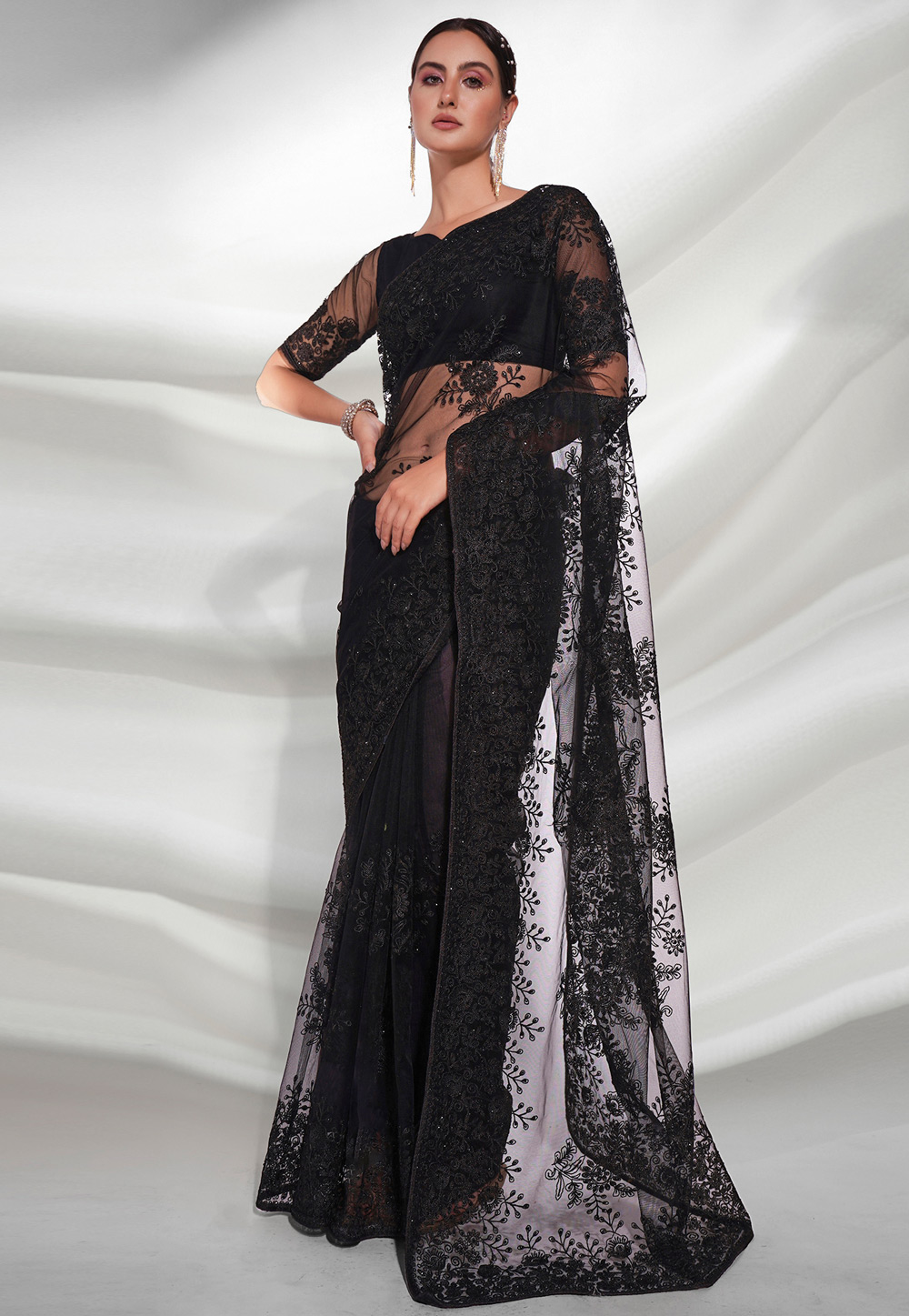 Black Soft Net Saree With Blouse 265168