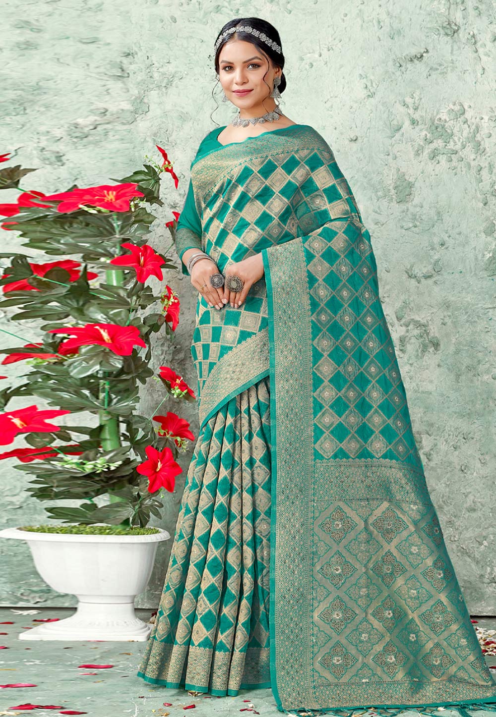 Turquoise Organza Saree With Blouse 265407
