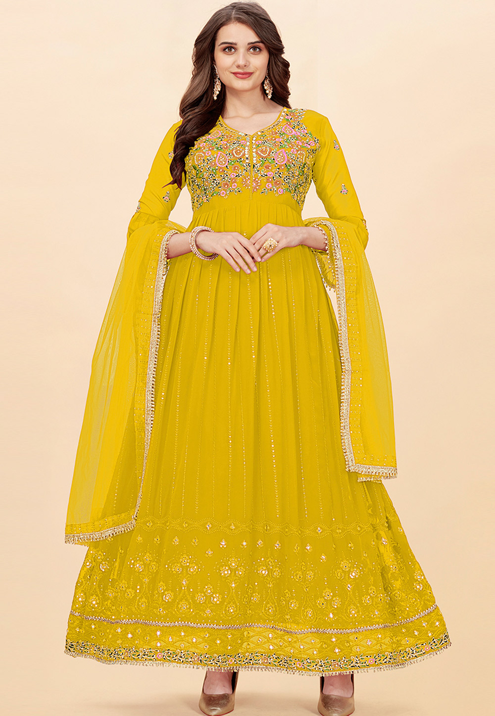 Yellow Faux Georgette Abaya Style Anarkali Suit 265624