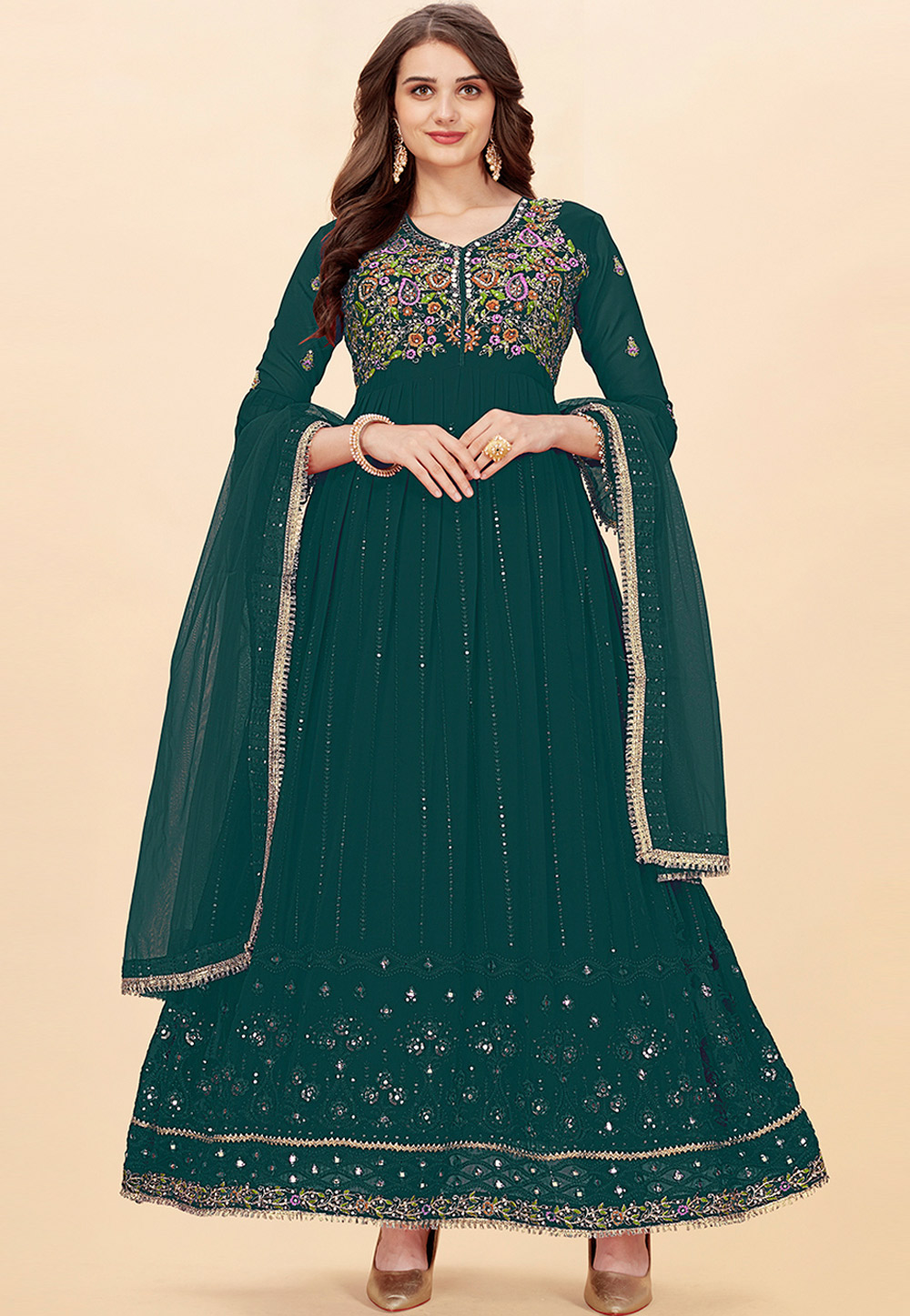 Teal Faux Georgette Abaya Style Anarkali Suit 265626