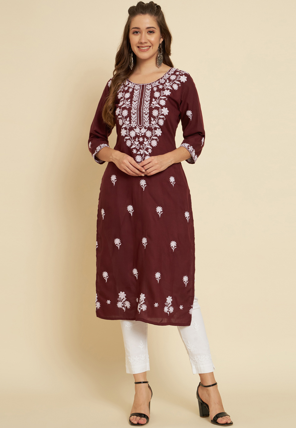 Maroon hand embroidered angrakha kurta by The Cotton Staple | The Secret  Label