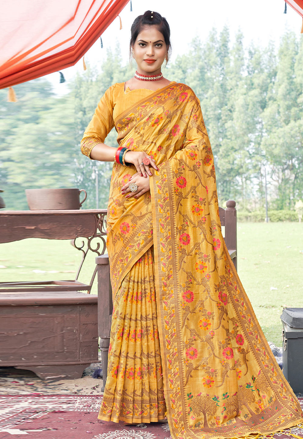 Mustard Banarasi Silk Saree With Blouse 265943