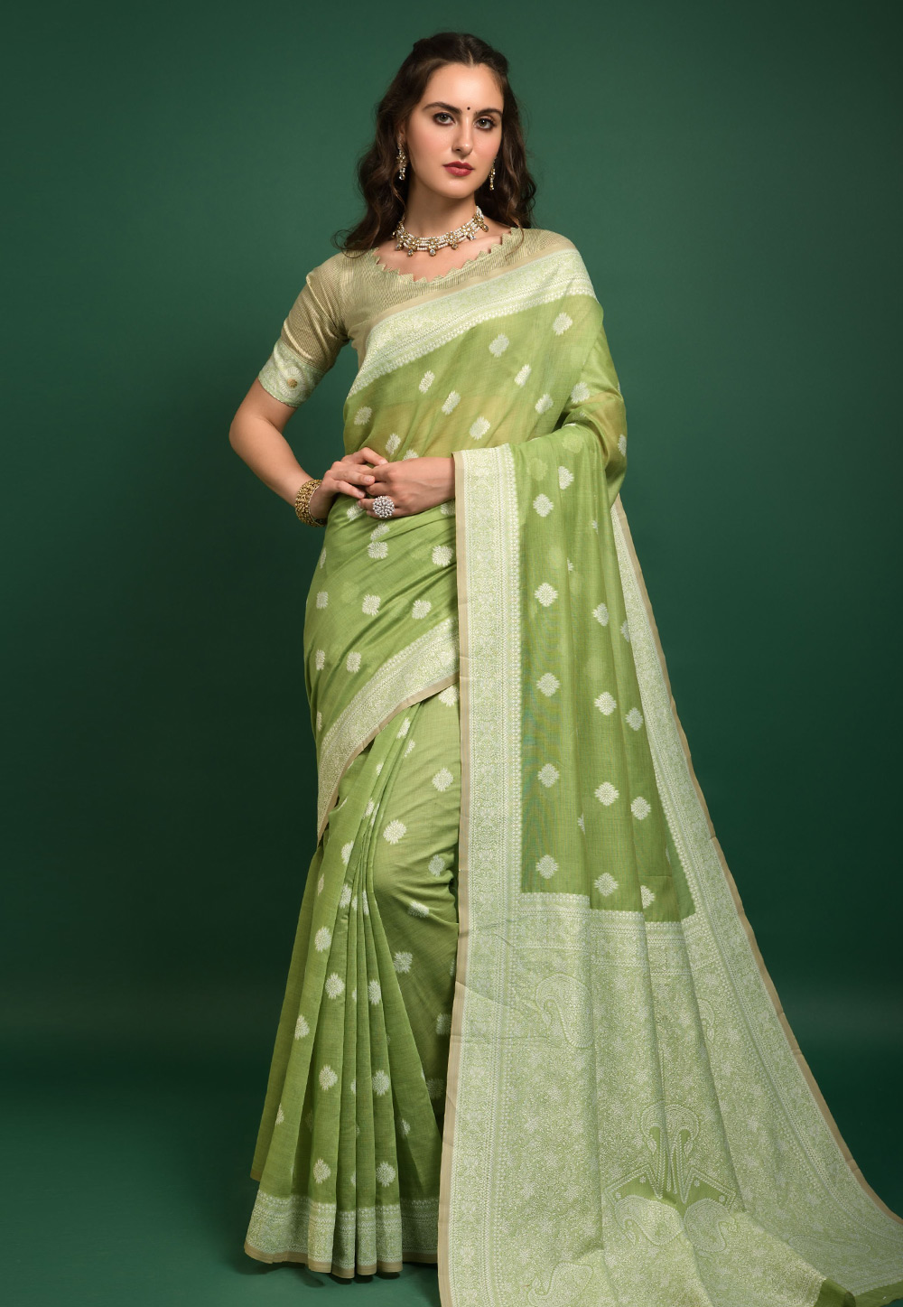 Pista Green Cotton Saree With Blouse 266031