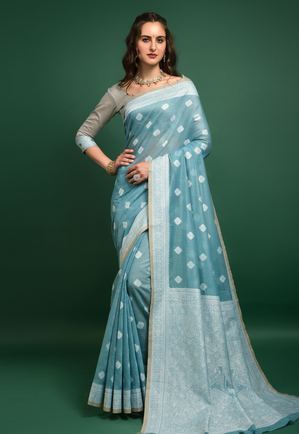 Sky Blue Cotton Saree With Blouse 266036