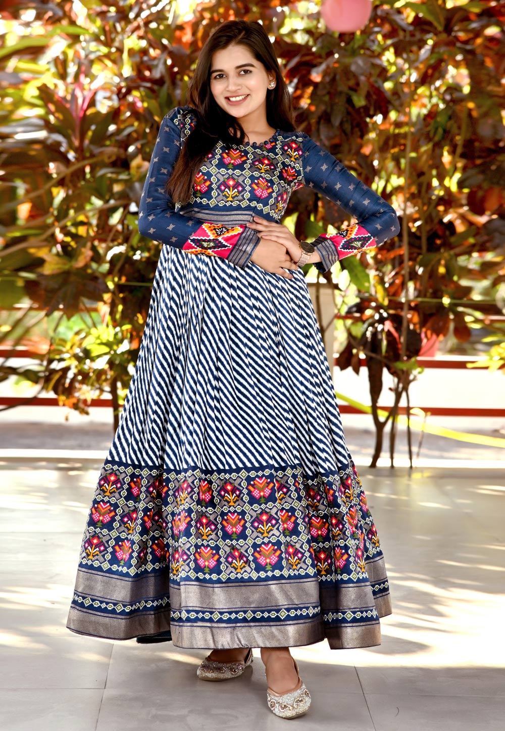 Navy Blue Pashmina Printed Gown 266237