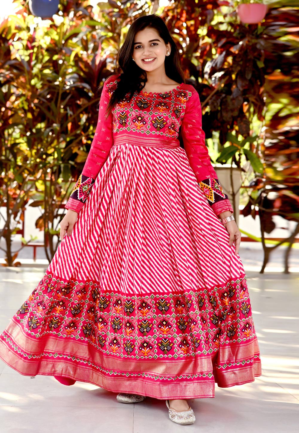Pink Pashmina Printed Gown 266238