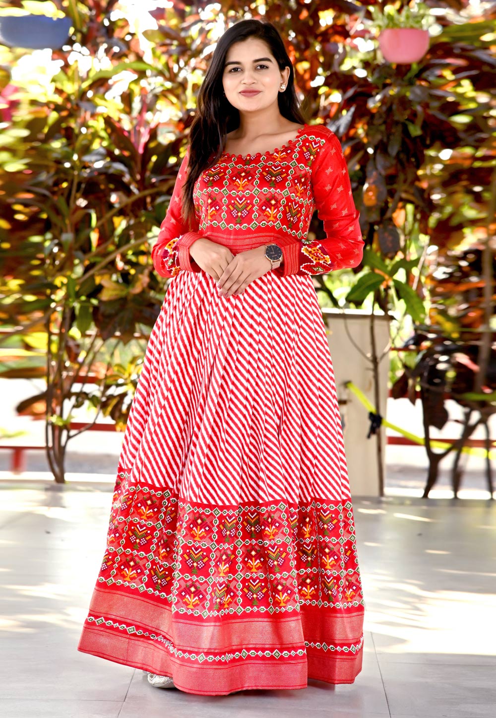 Red Pashmina Printed Gown 266239