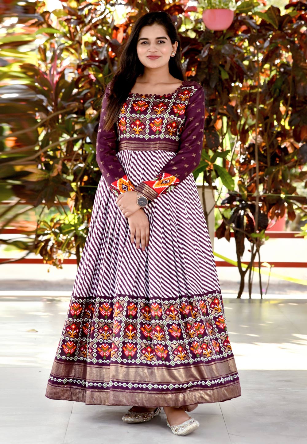 Purple Pashmina Printed Gown 266240
