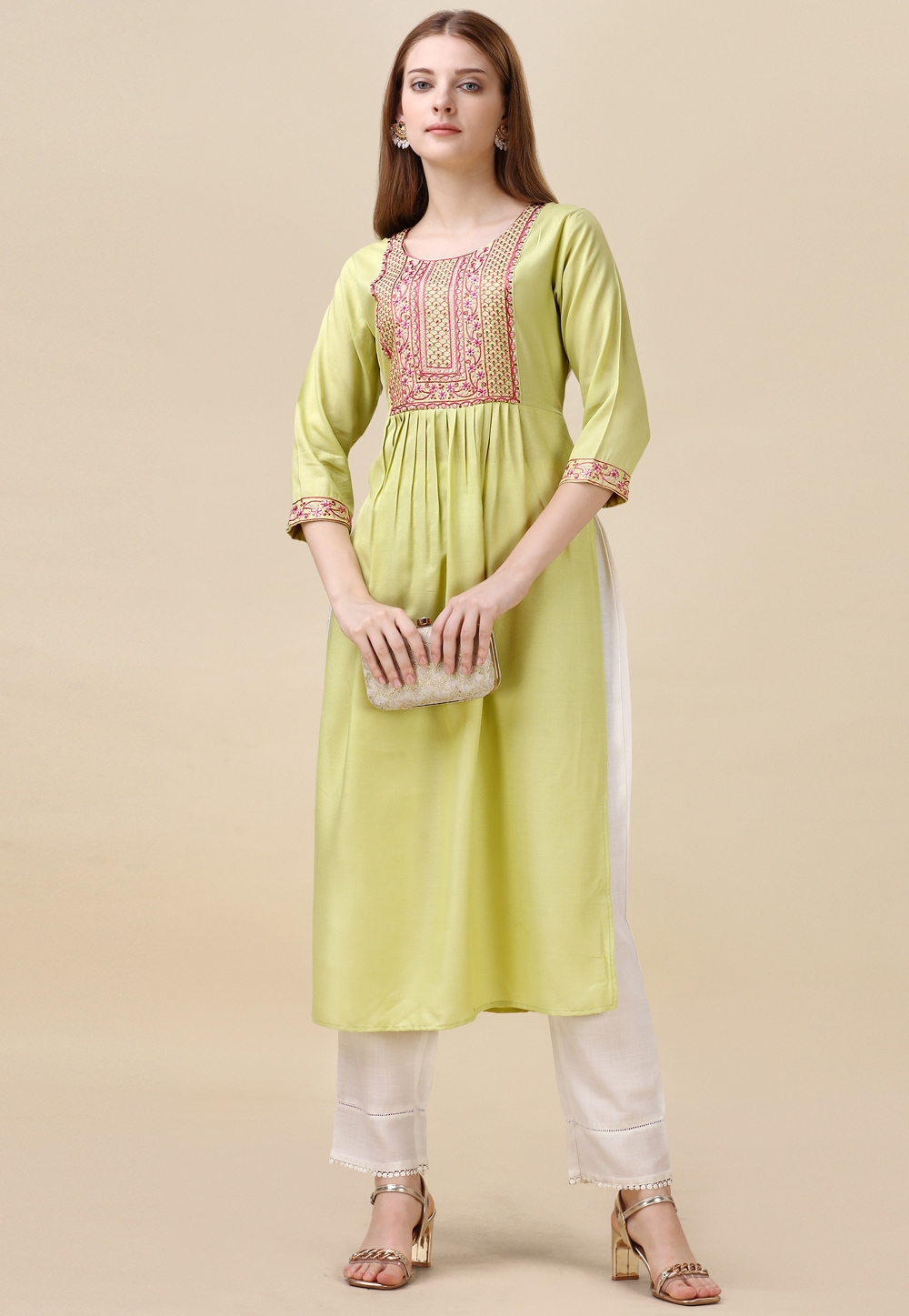 Light Green Viscose Rayon Long Kurti 266315