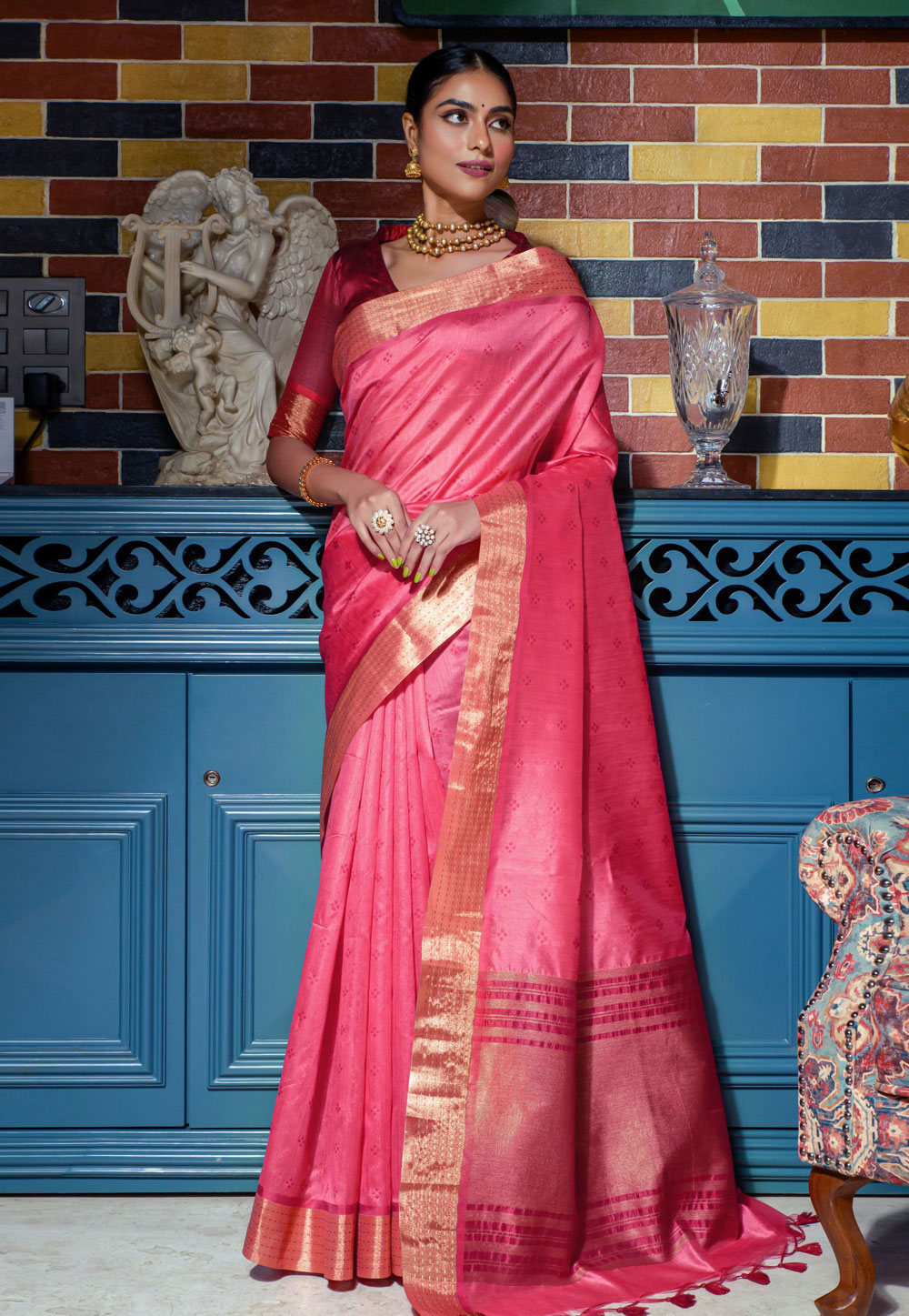 Pink Tussar Silk Saree With Blouse 266523