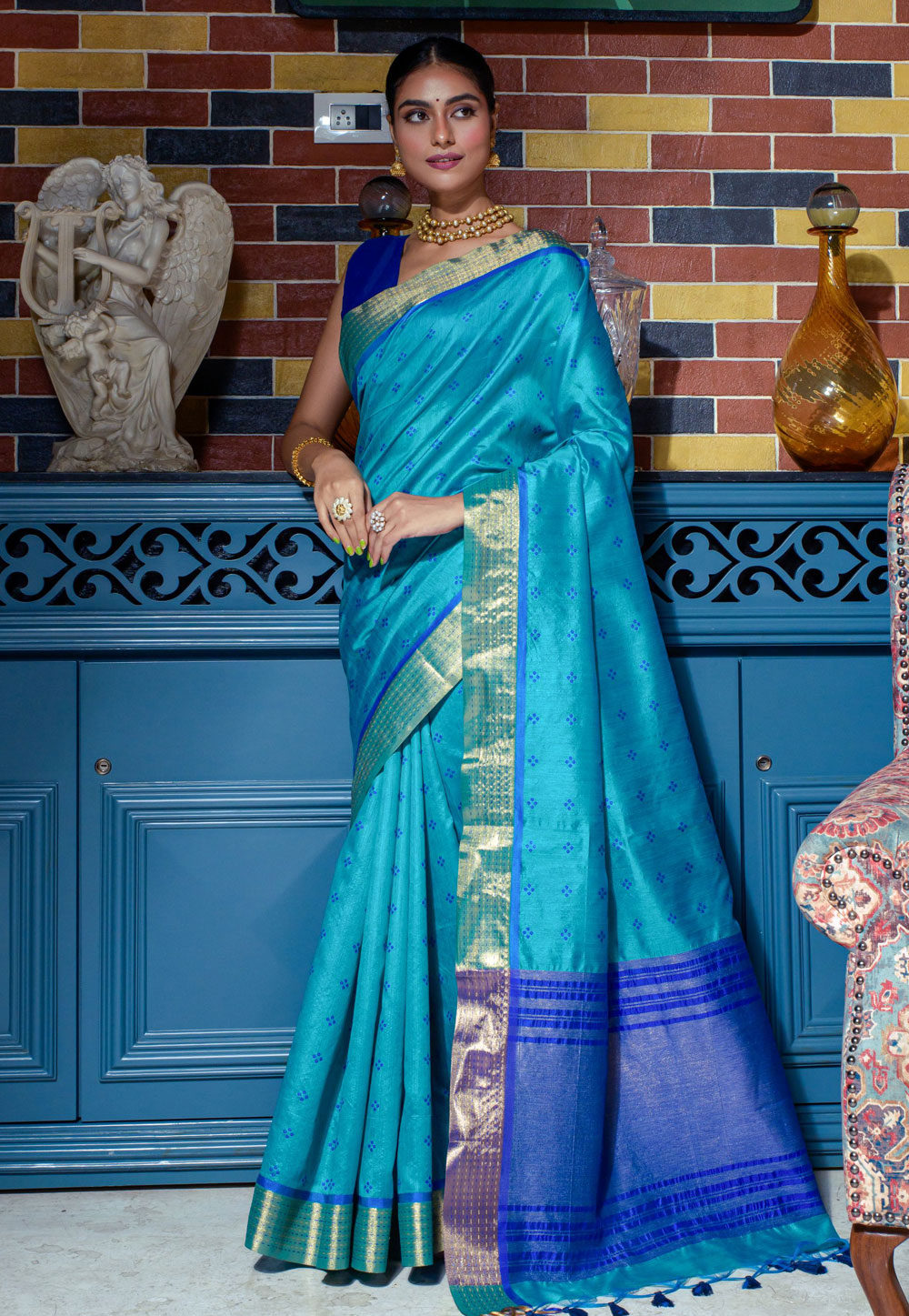 Sky Blue Tussar Silk Saree With Blouse 266526