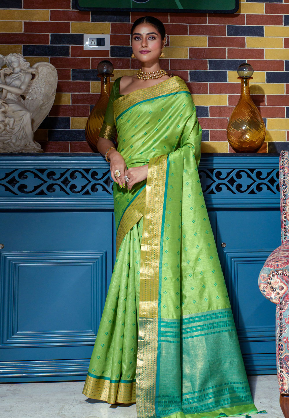 Light Green Tussar Silk Saree With Blouse 266527