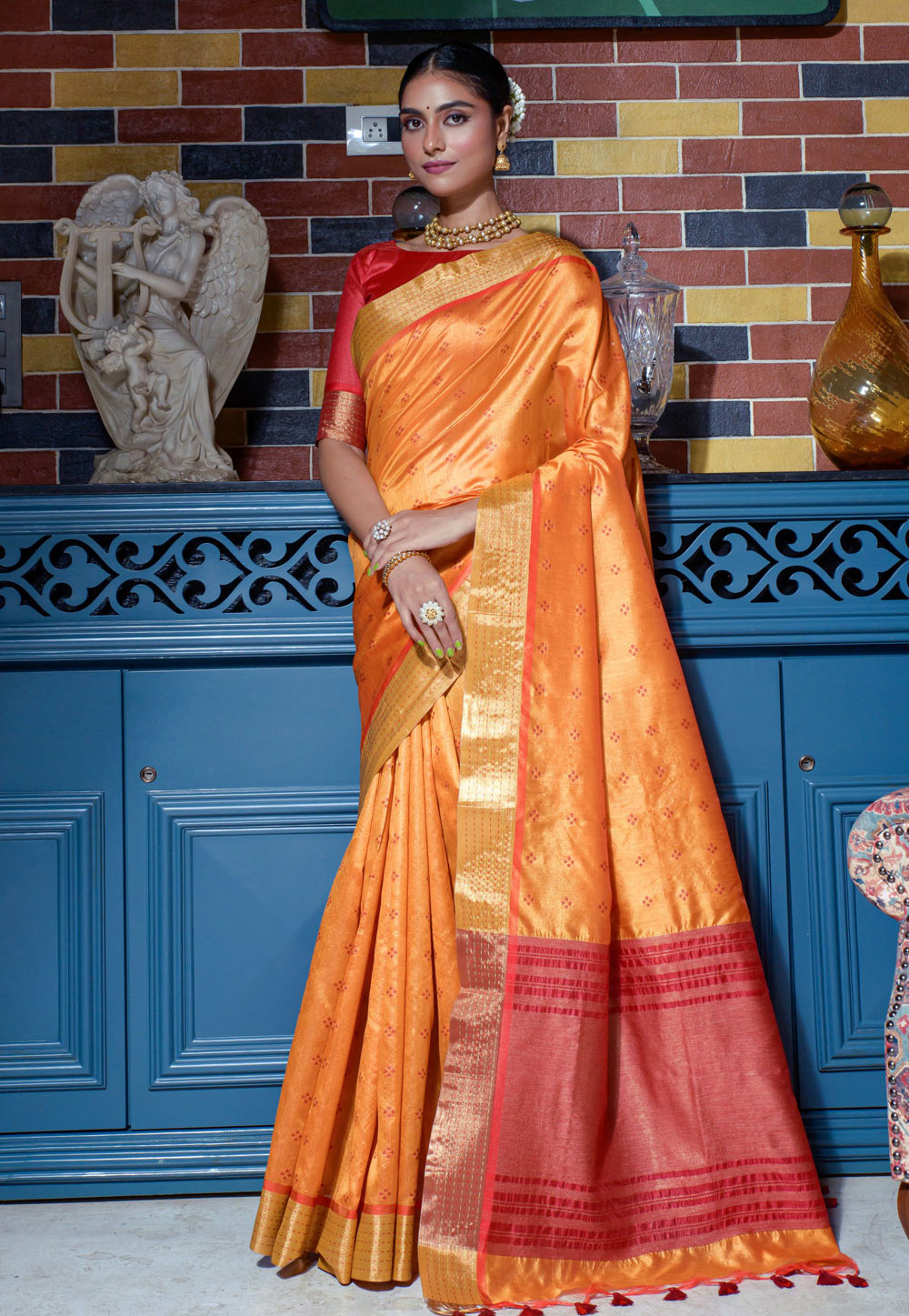 Orange Tussar Silk Saree With Blouse 266528