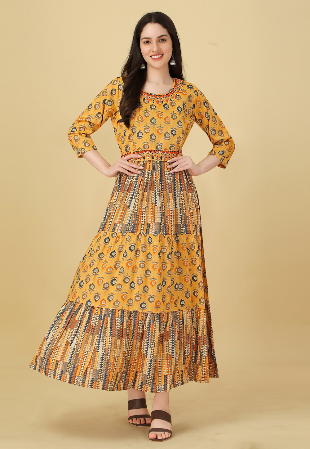 Yellow Rayon Printed Gown 266502