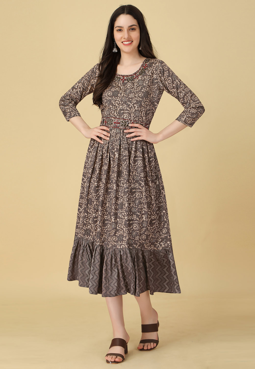 Brown Rayon Printed Gown 266503