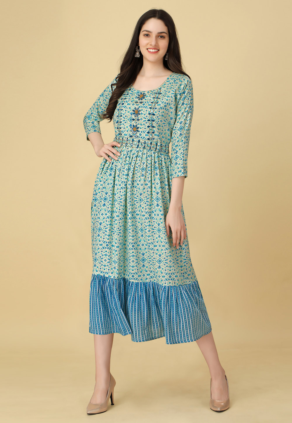 Sky Blue Rayon Printed Gown 266506