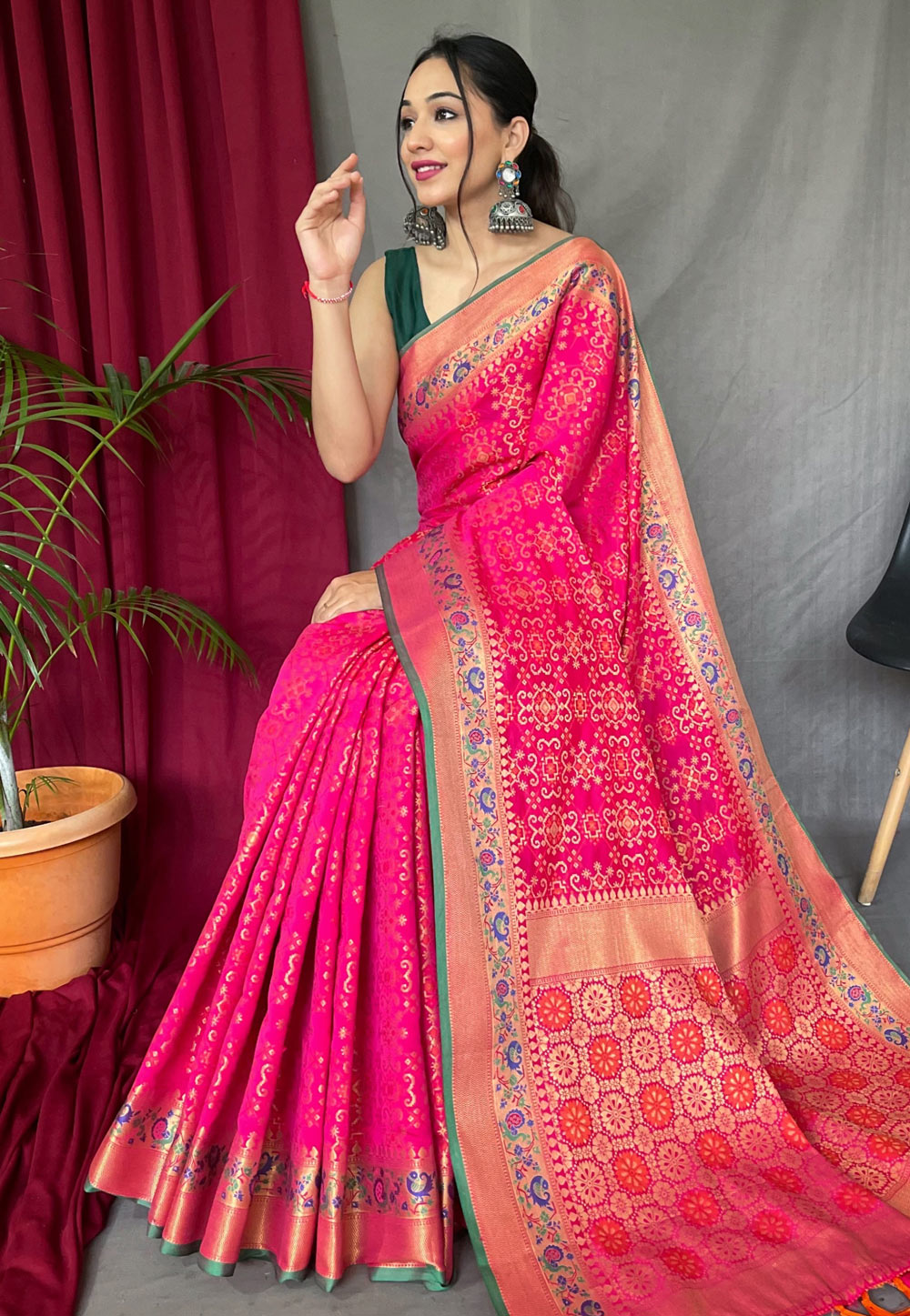 Buy Rani Pink Patola Silk Saree with Grey and White Stripes KALKI Fashion  India