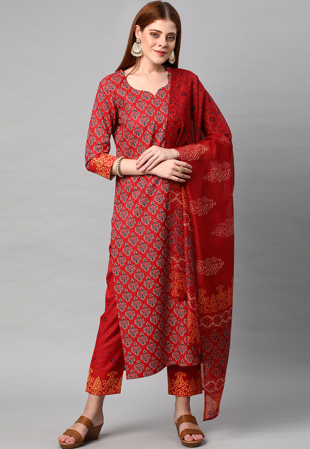 Red Rayon Readymade Pant Style Suit 266684