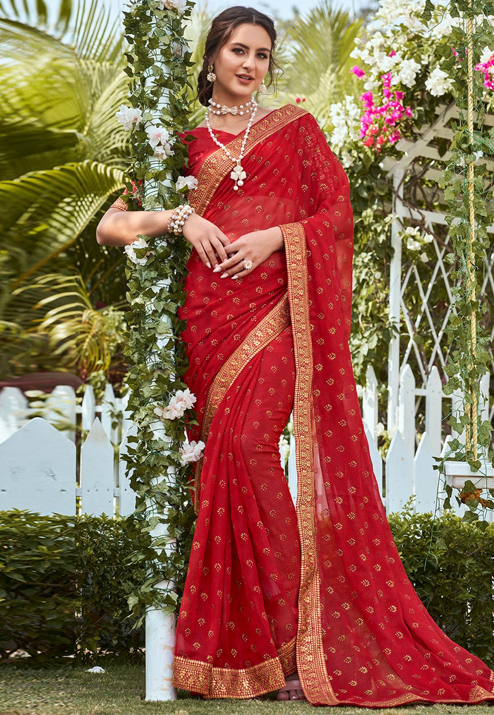 Red Shimmer Saree With Blouse 266593