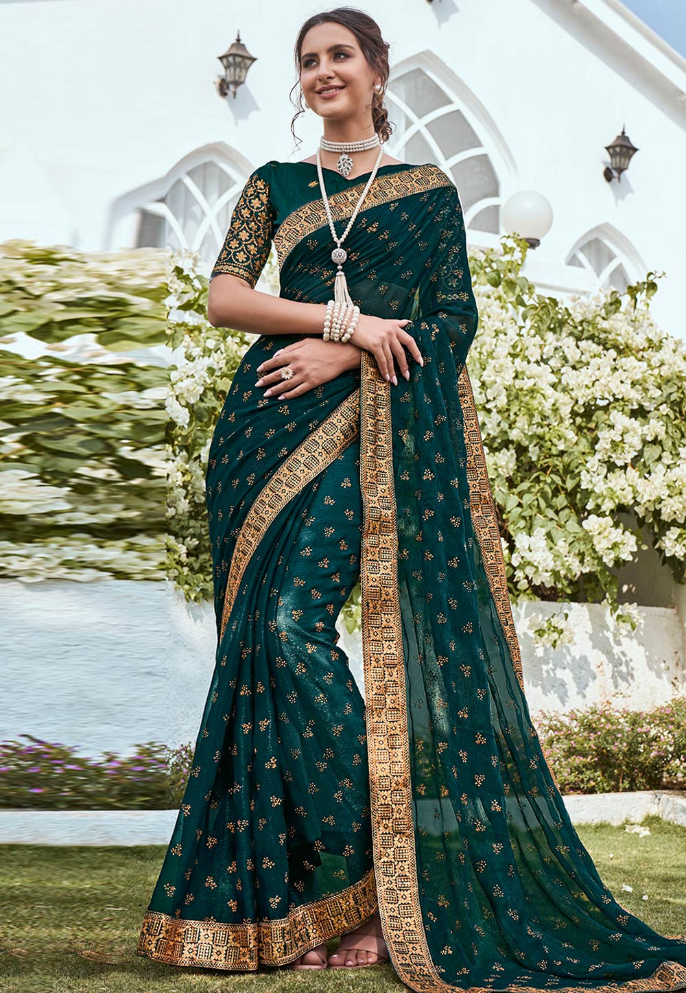 Teal Shimmer Saree With Blouse 266595