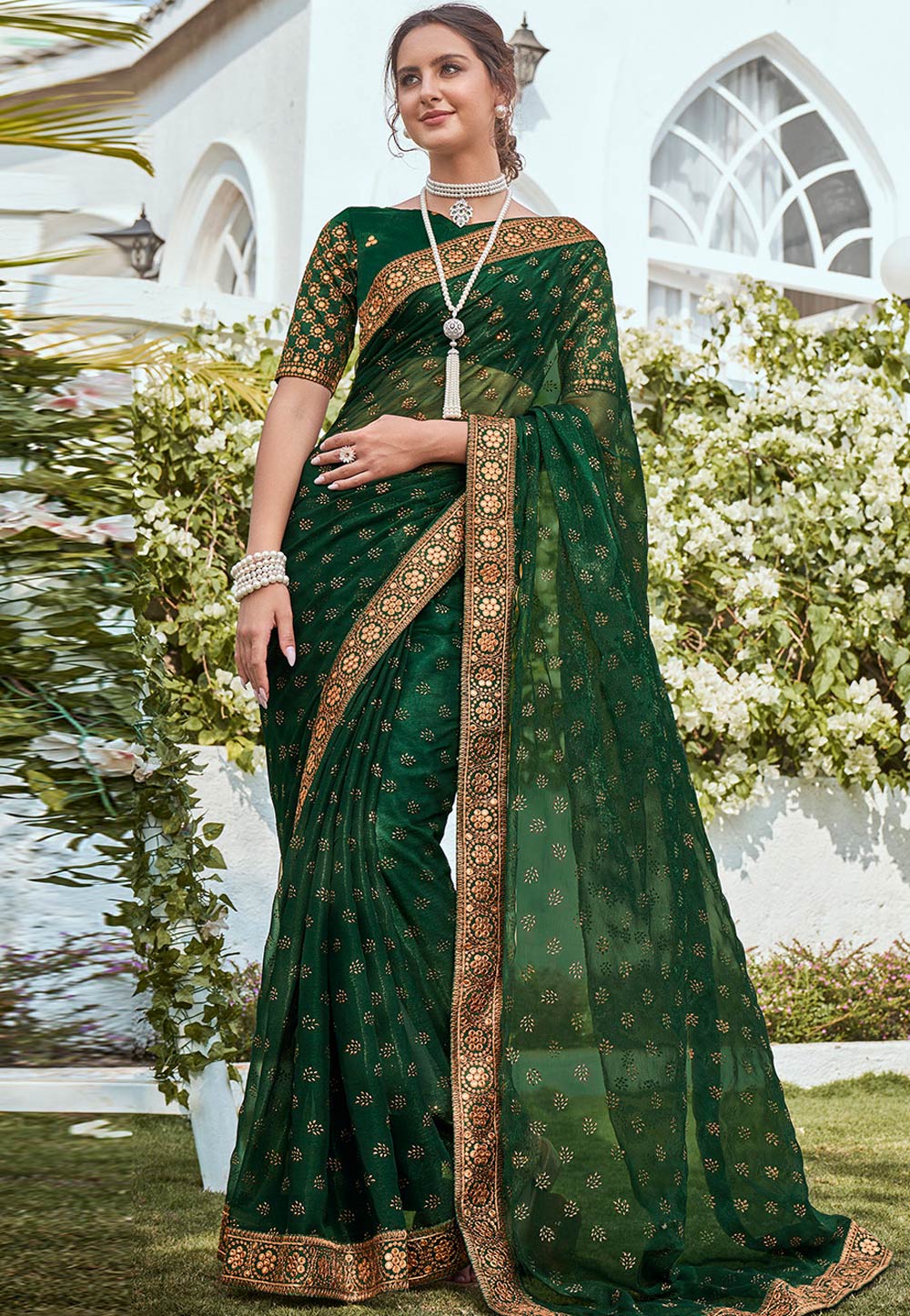 Green Shimmer Saree With Blouse 266597