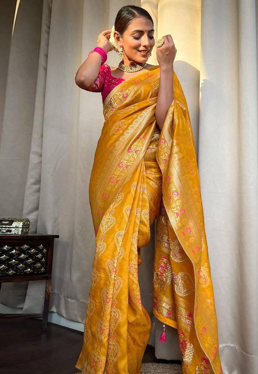Mustard Banarasi Silk Saree With Blouse 266813