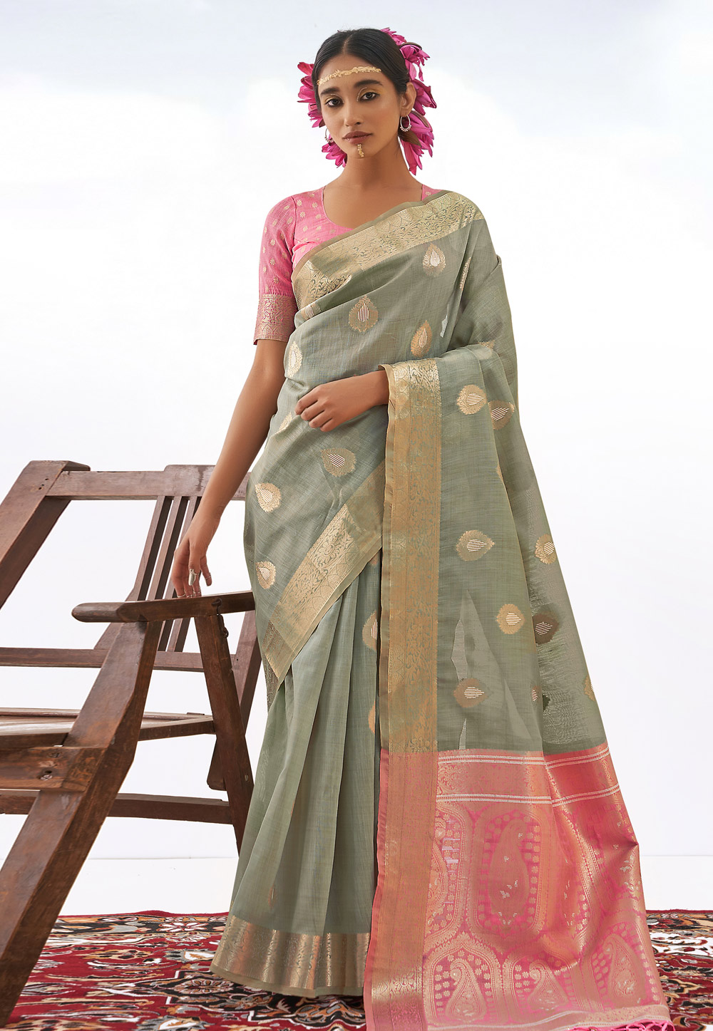 Grey Banarasi Silk Saree With Blouse 266856