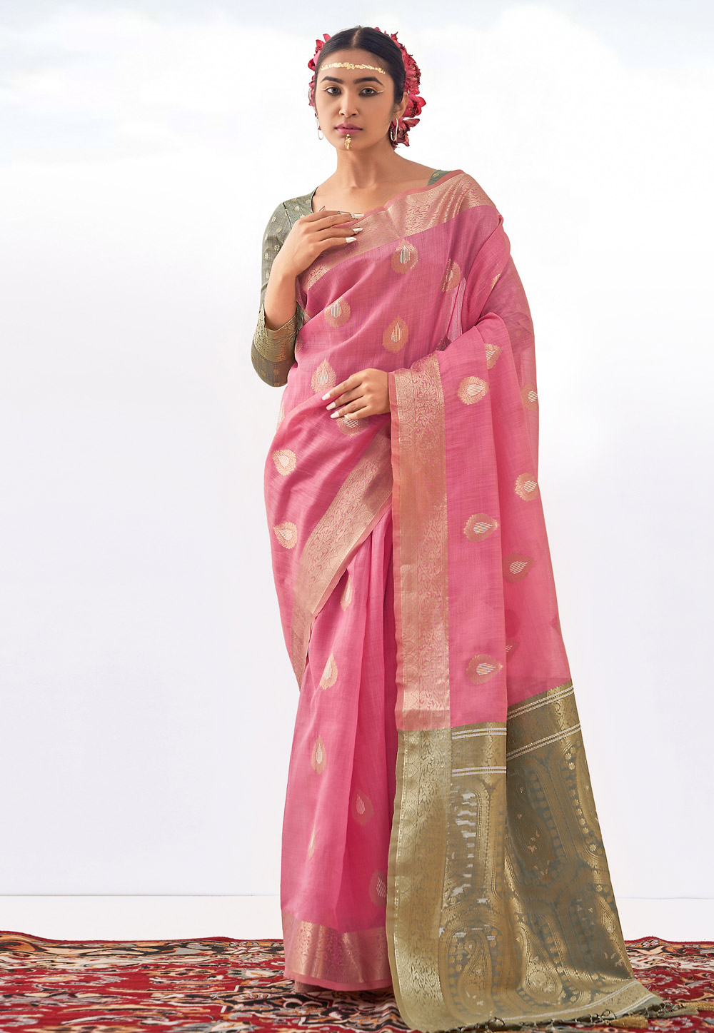 Pink Banarasi Silk Saree With Blouse 266858