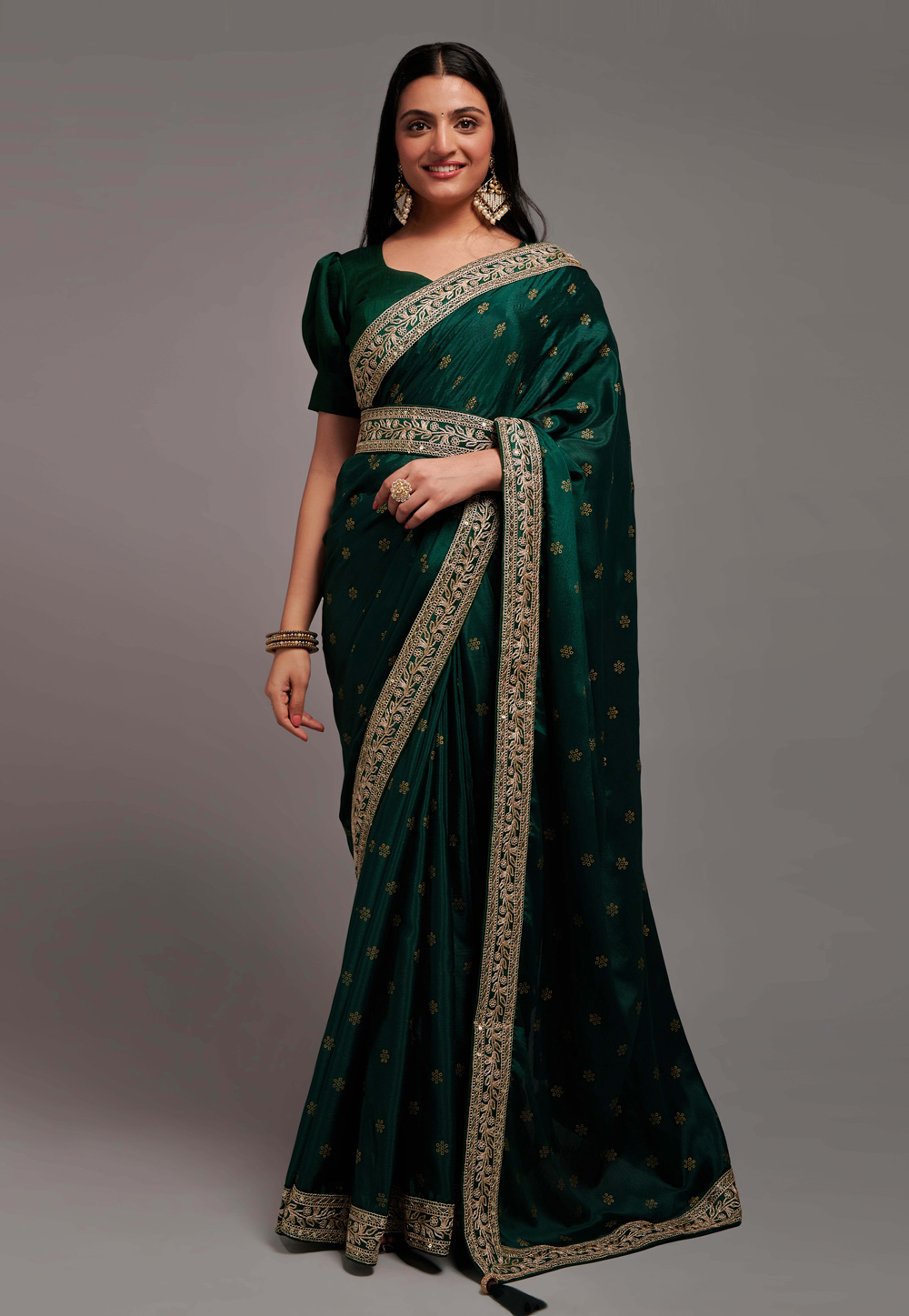 Green Chinon Saree With Blouse 266863
