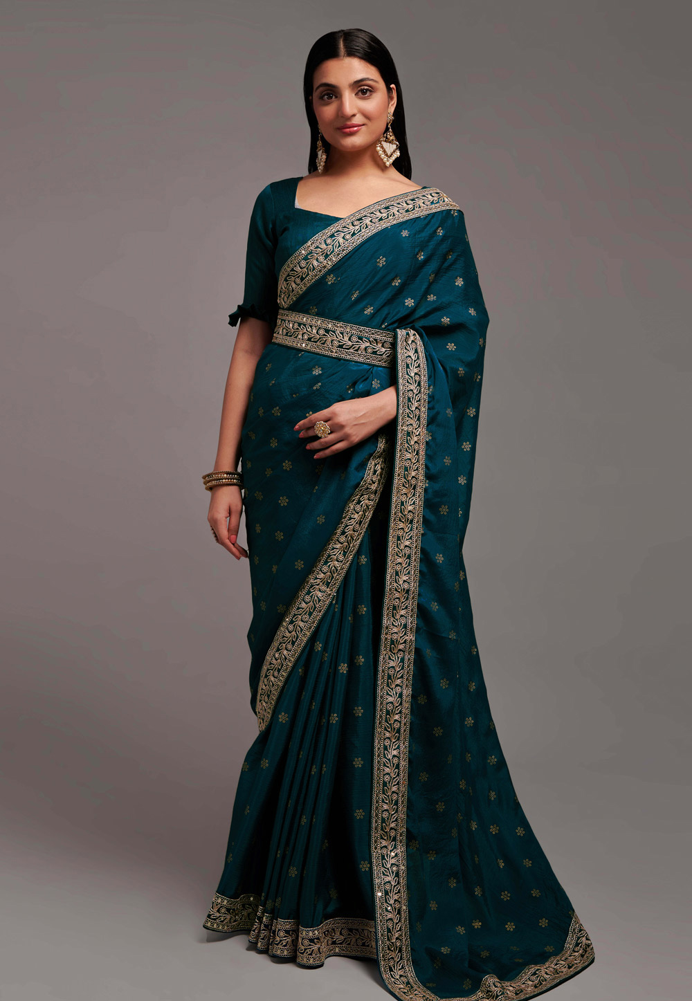 Teal Chinon Saree With Blouse 266866