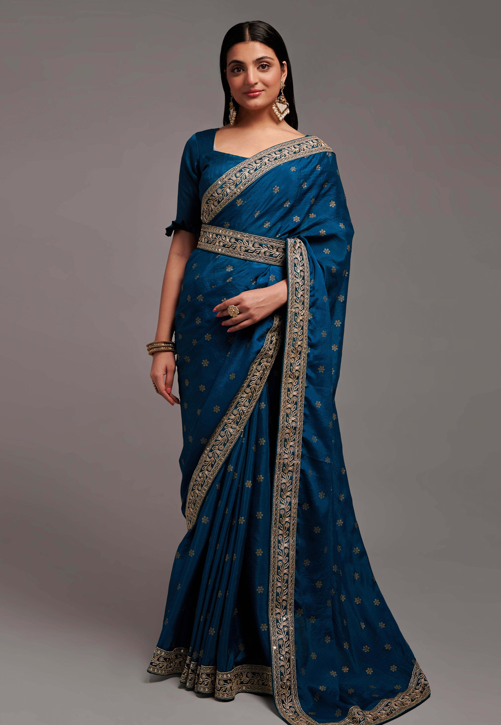 Teal Chinon Saree With Blouse 266866