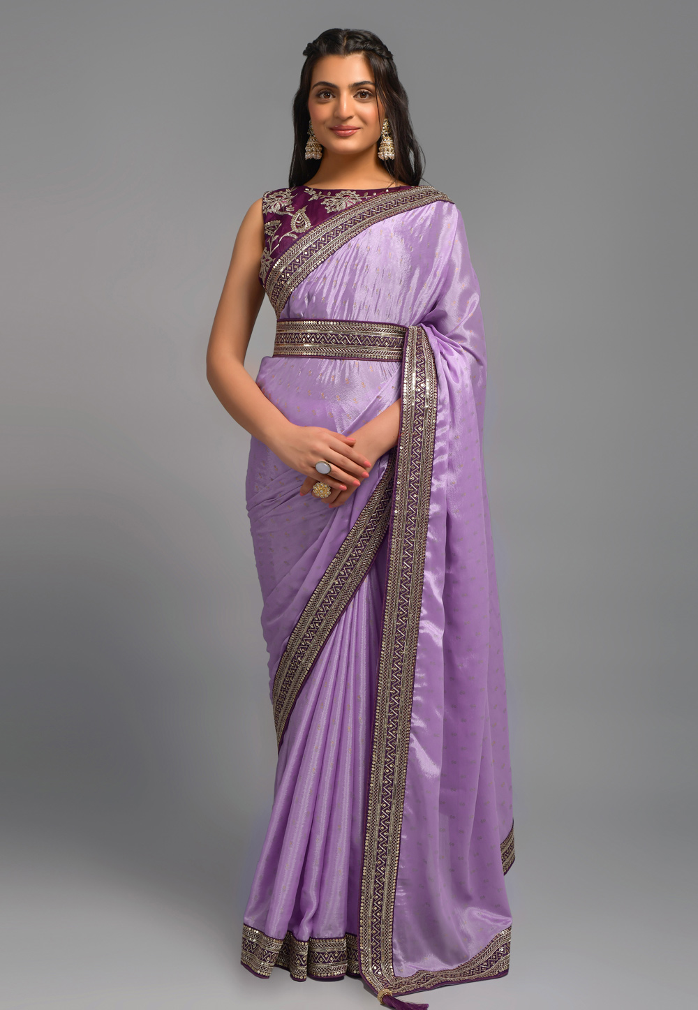 Lavender Chinon Saree With Blouse 266977