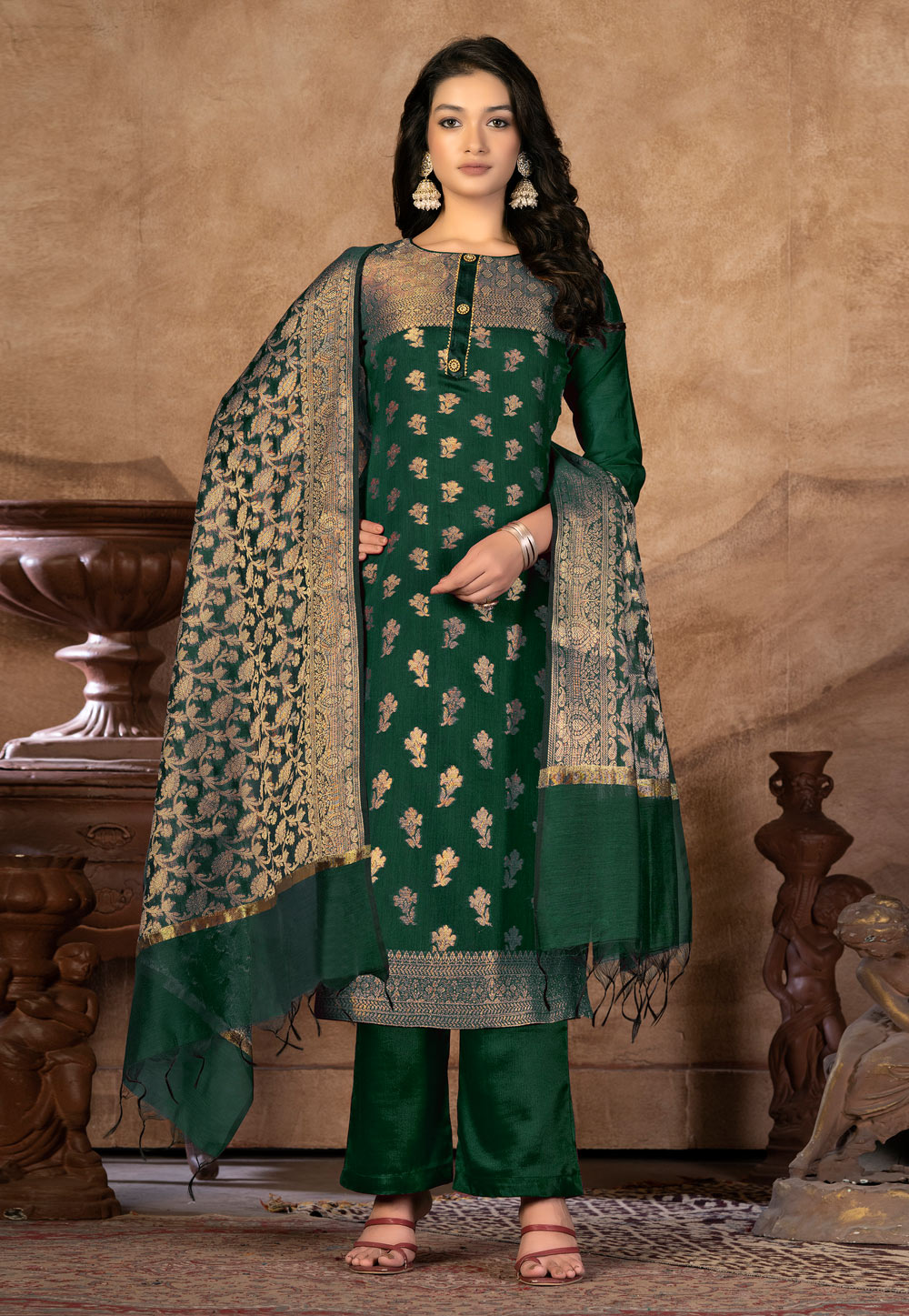 Green Banarasi Silk Palazzo Suit 267447