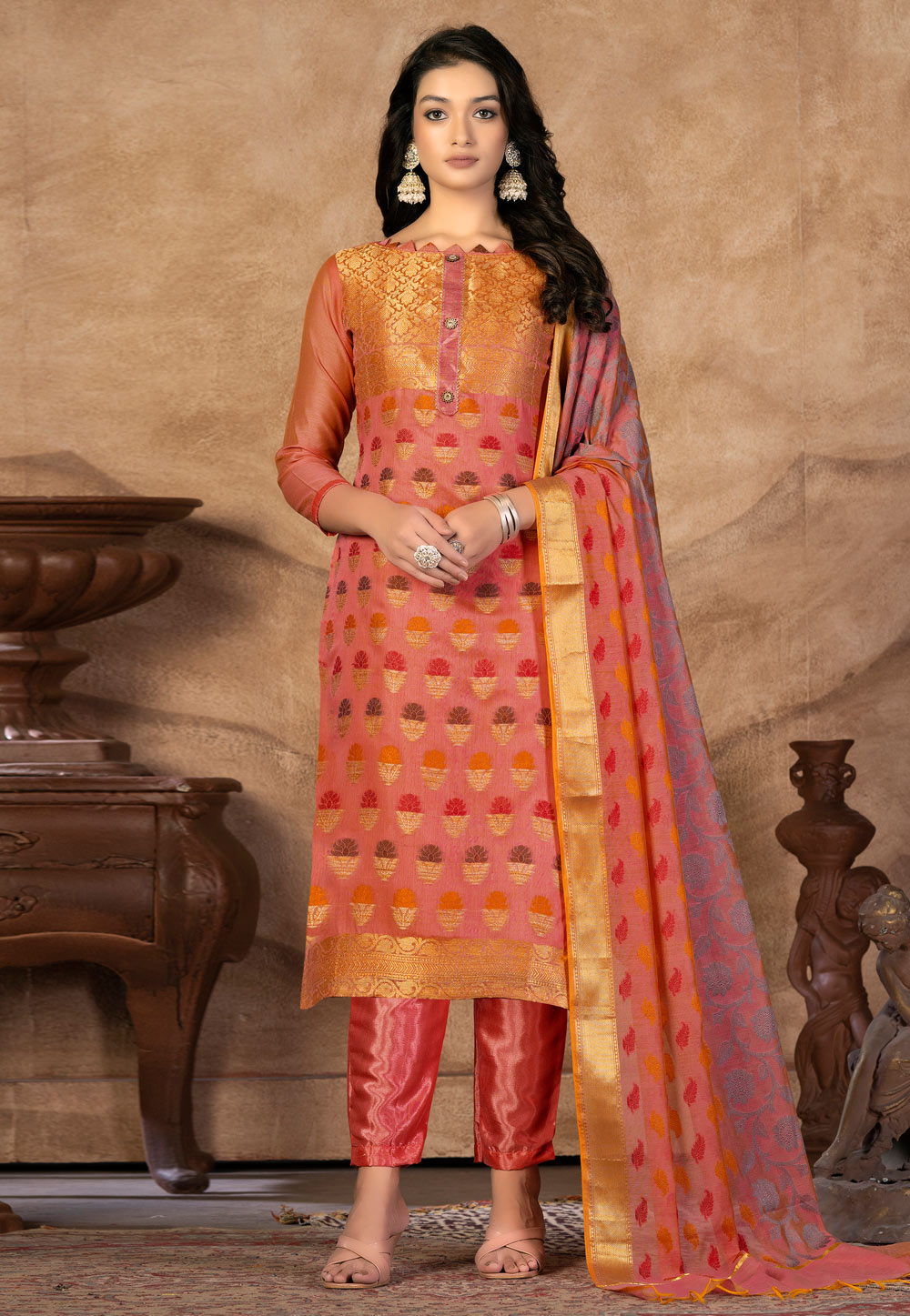 Peach Banarasi Silk Pakistani Suit 267455