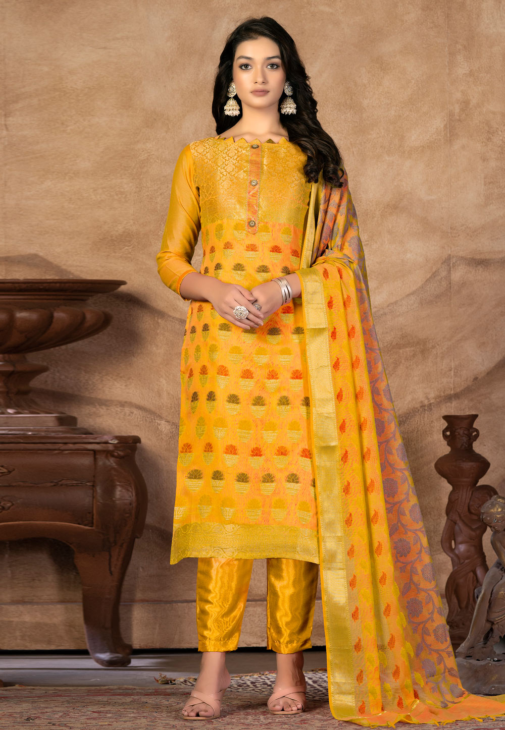 Dyeable Jaal Design Katan Silk Golden Zari Banarasi Suit | Banarasi suit,  Silk suit, Silk