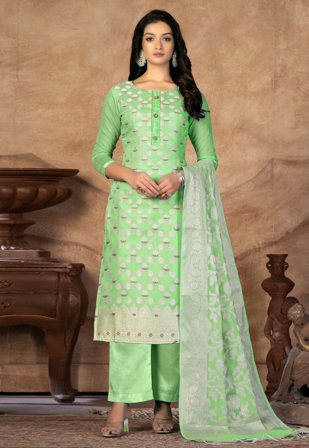 Light Green Banarasi Silk Pakistani Suit 267460
