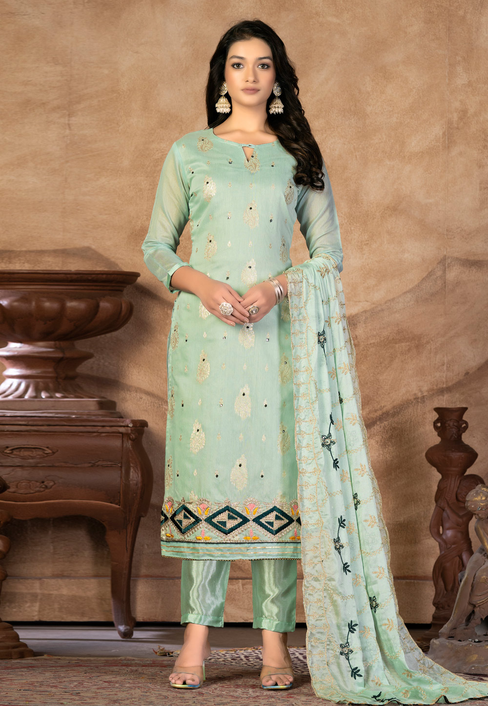 Sea Green Banarasi Pakistani Suit 267467