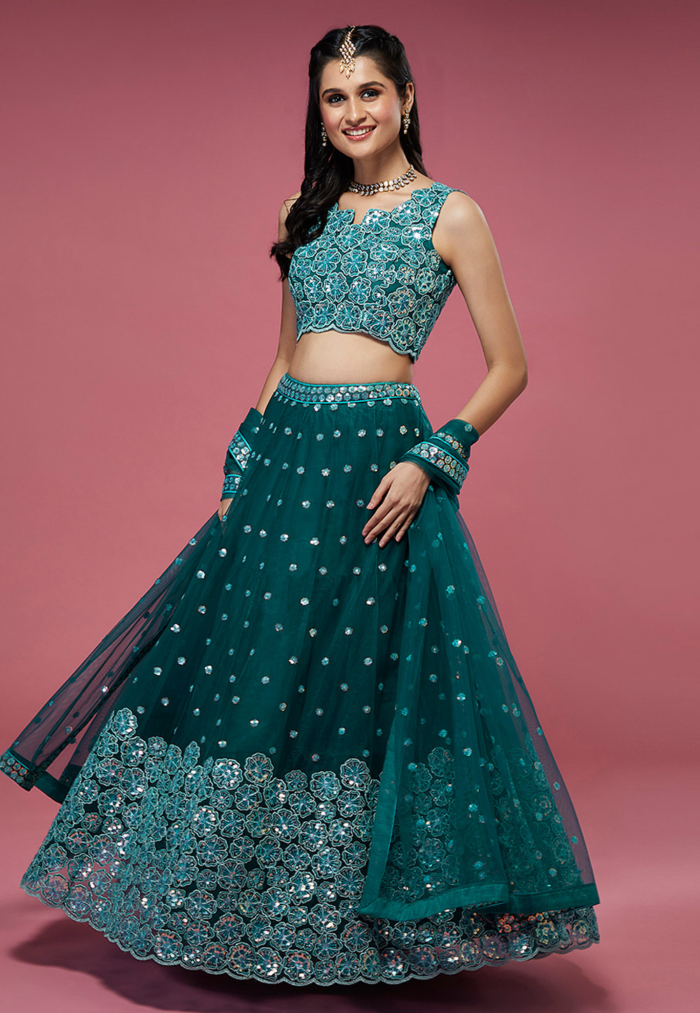 Teal Net A Line Lehenga Choli 267509