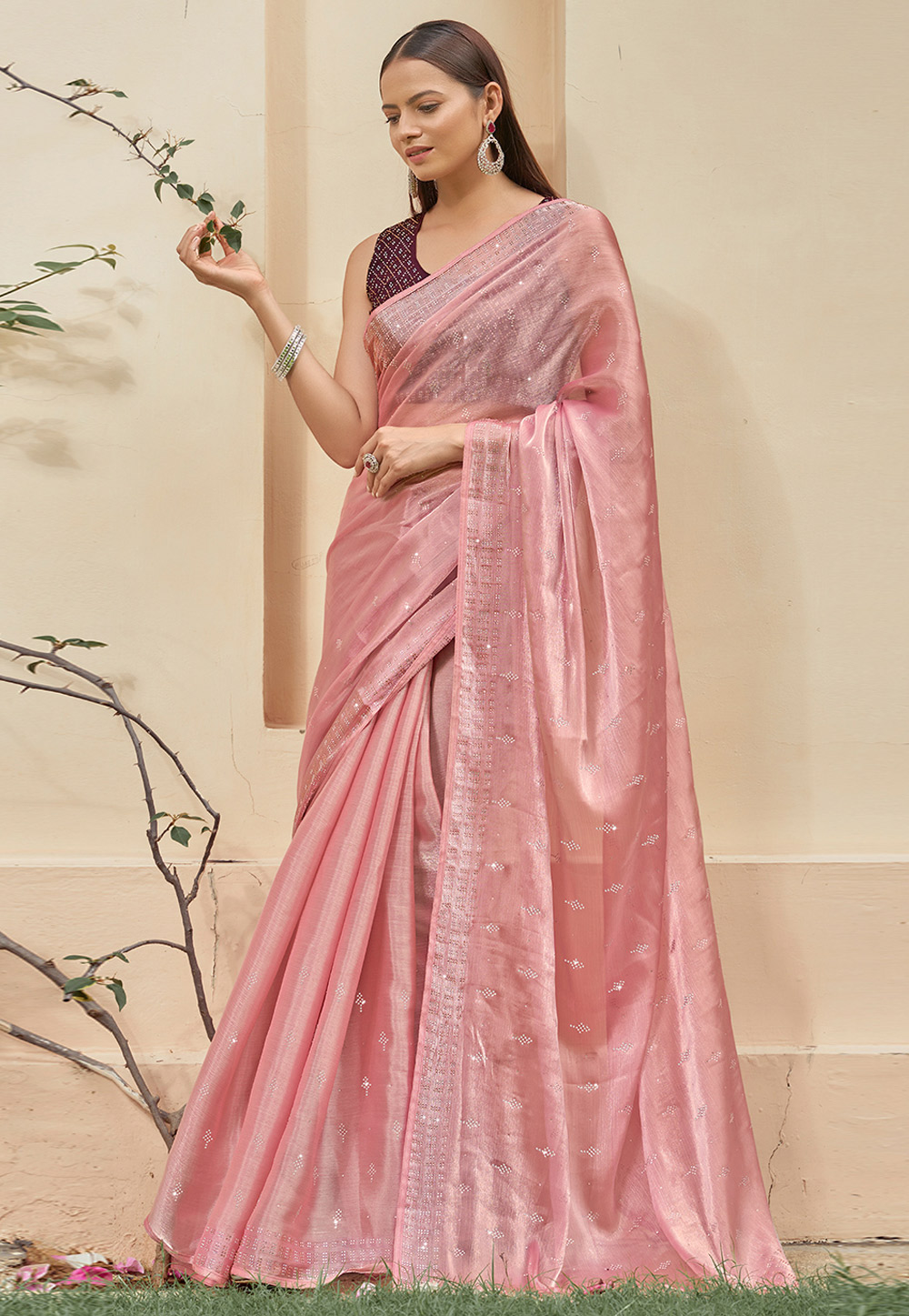 Pink Chinon Saree With Blouse 267782