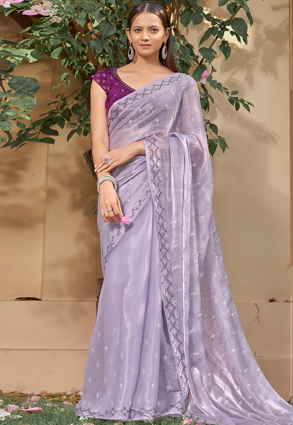 Lavender Chinon Saree With Blouse 267784
