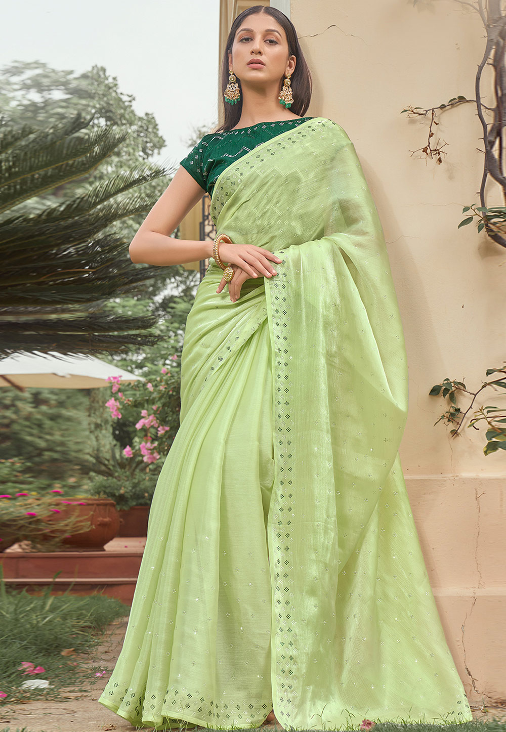 Pista Green Chinon Saree With Blouse 267787