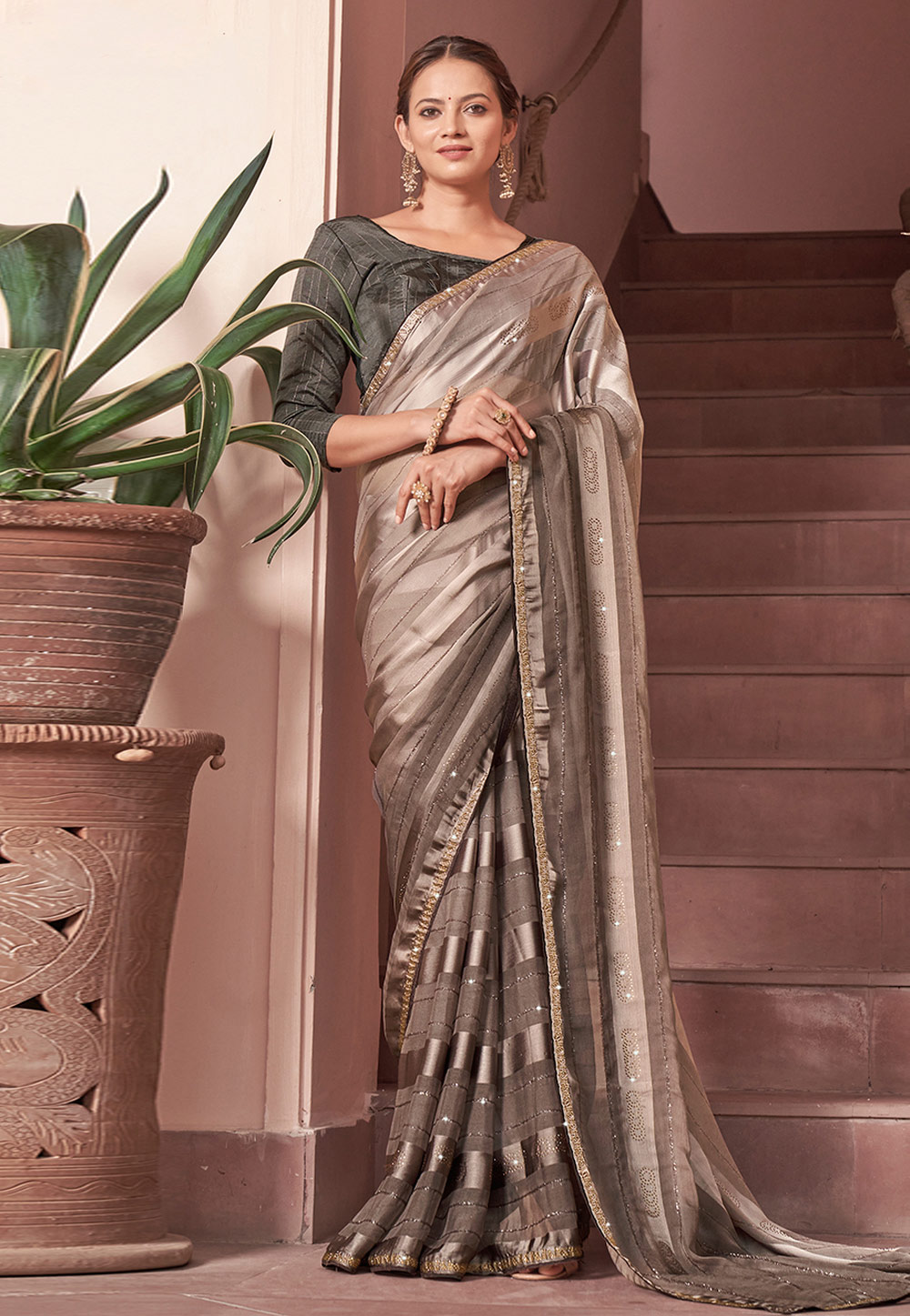 Buy Brown Chiffon Classic Sari with Print Work for Casual : 277674 -