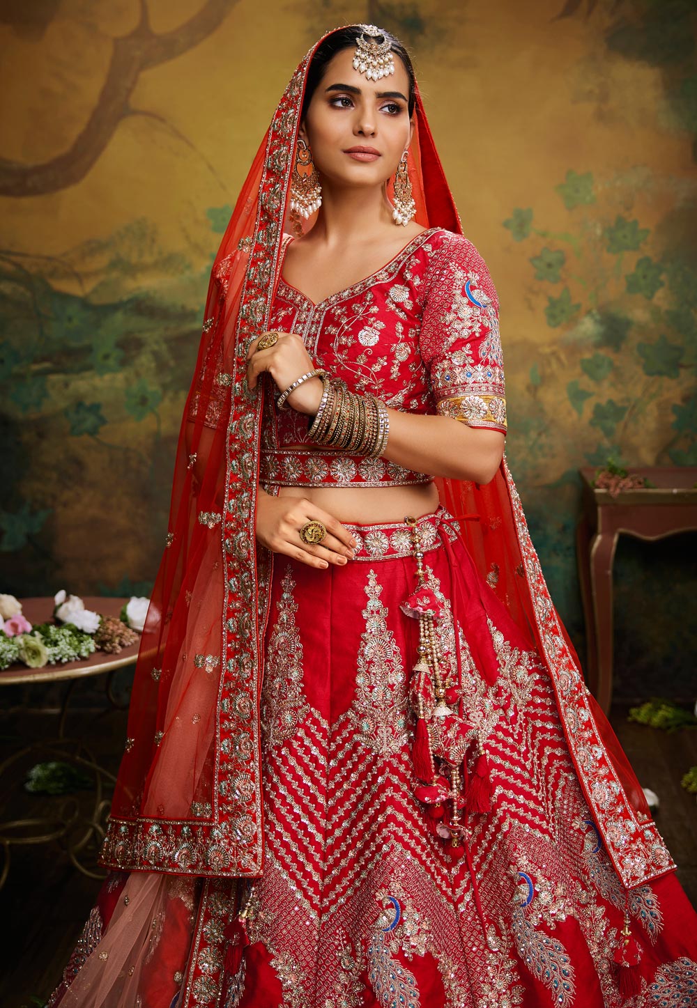 Buy Tomato Red Embroidered 12 Kali Bridal Lehenga In Raw Silk With Cherry  Pink Blouse And Veil Dupatta