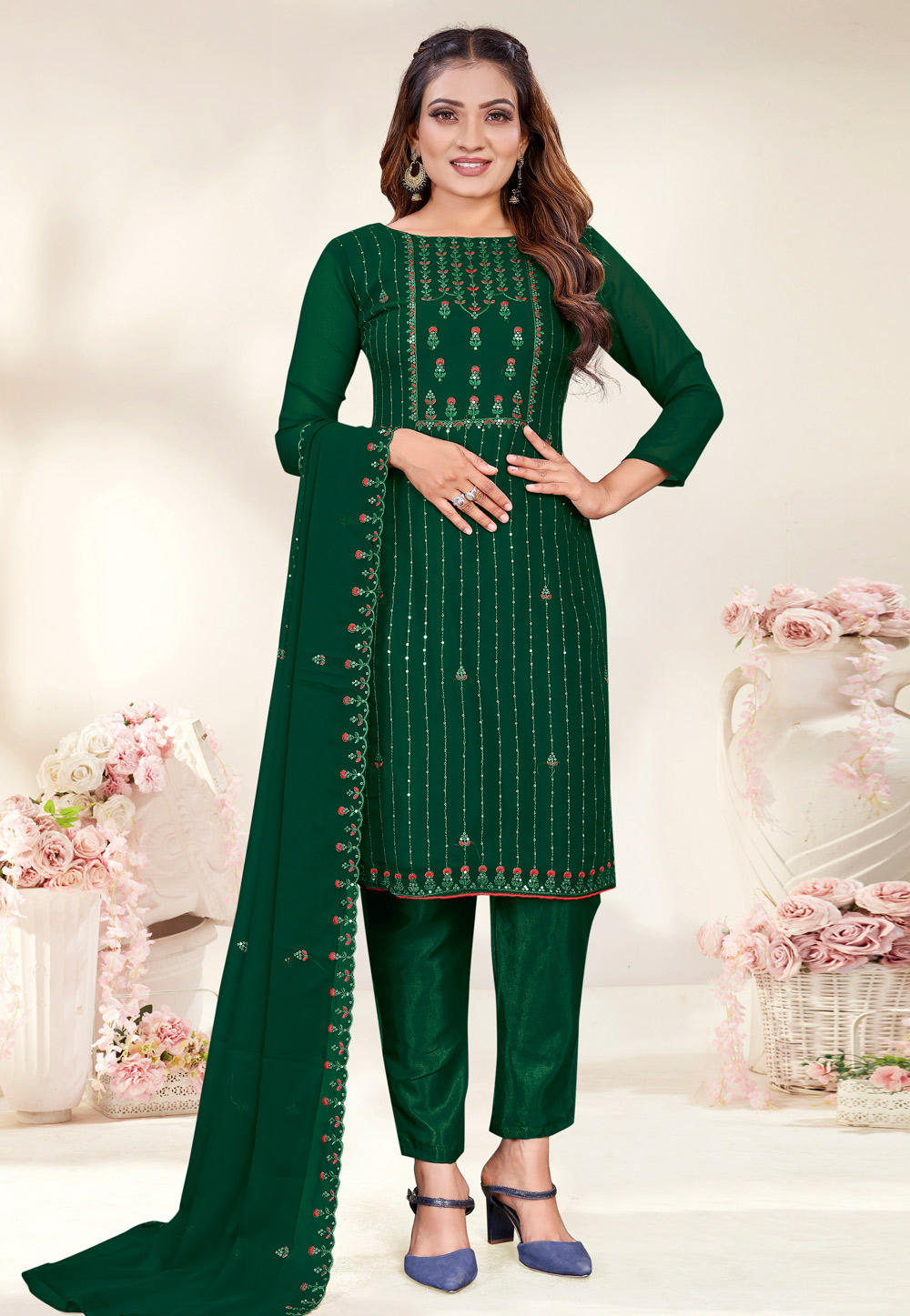 Green Georgette Pant Style Suit 268094