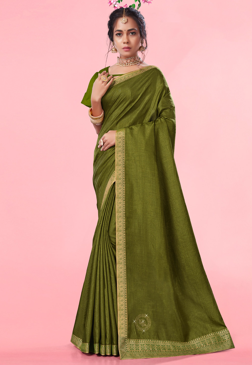 Mehndi Silk Saree With Blouse 268308