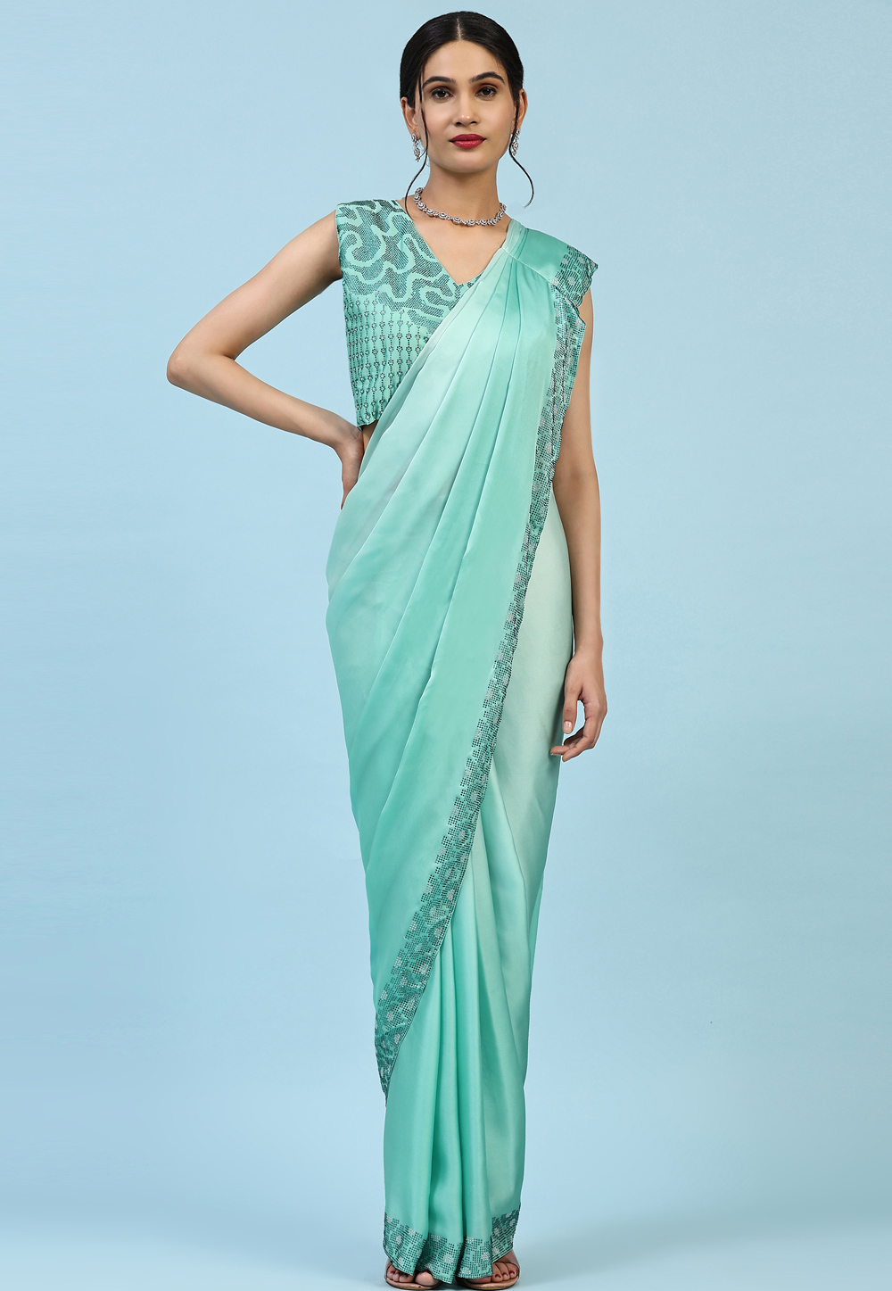 Sea Green Satin Georgette Designer Saree 268460